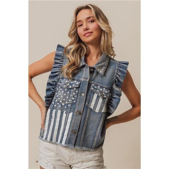 BiBi American Flag Washed Denim Jacket - Picture 7 of 10